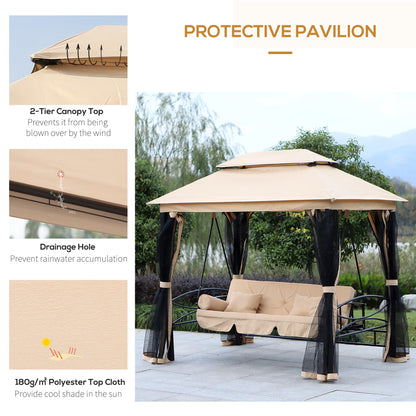 3 Person Outdoor Patio Daybed 3 in 1 Canopy Gazebo Swing Chair Garden Hammock with Mesh Mosquito Net and Sun Shade, Beige