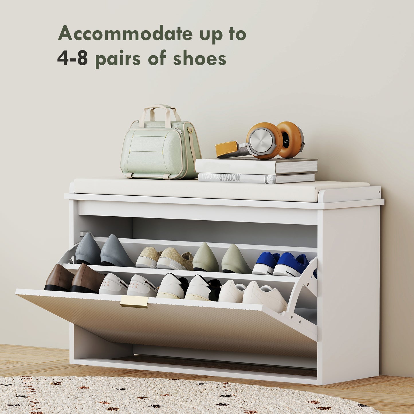 Entryway Bench with Padded Seat and Flip-Drawers, Holds up to 265lbs, Shoe Storage Bench for 8 Pairs of Shoes, White Kids Crystal