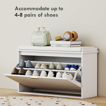 Entryway Bench with Padded Seat and Flip-Drawers, Holds up to 265lbs, Shoe Storage Bench for 8 Pairs of Shoes, White
