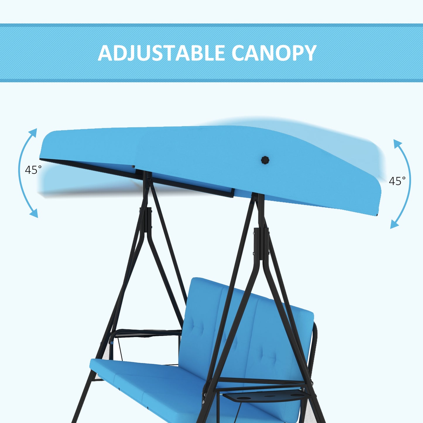 3-Seat Patio Swing with Adjustable Canopy & Side Tray, Outdoor Porch Swing, Removable Blue Cushion for Garden, Poolside Kids Crystal