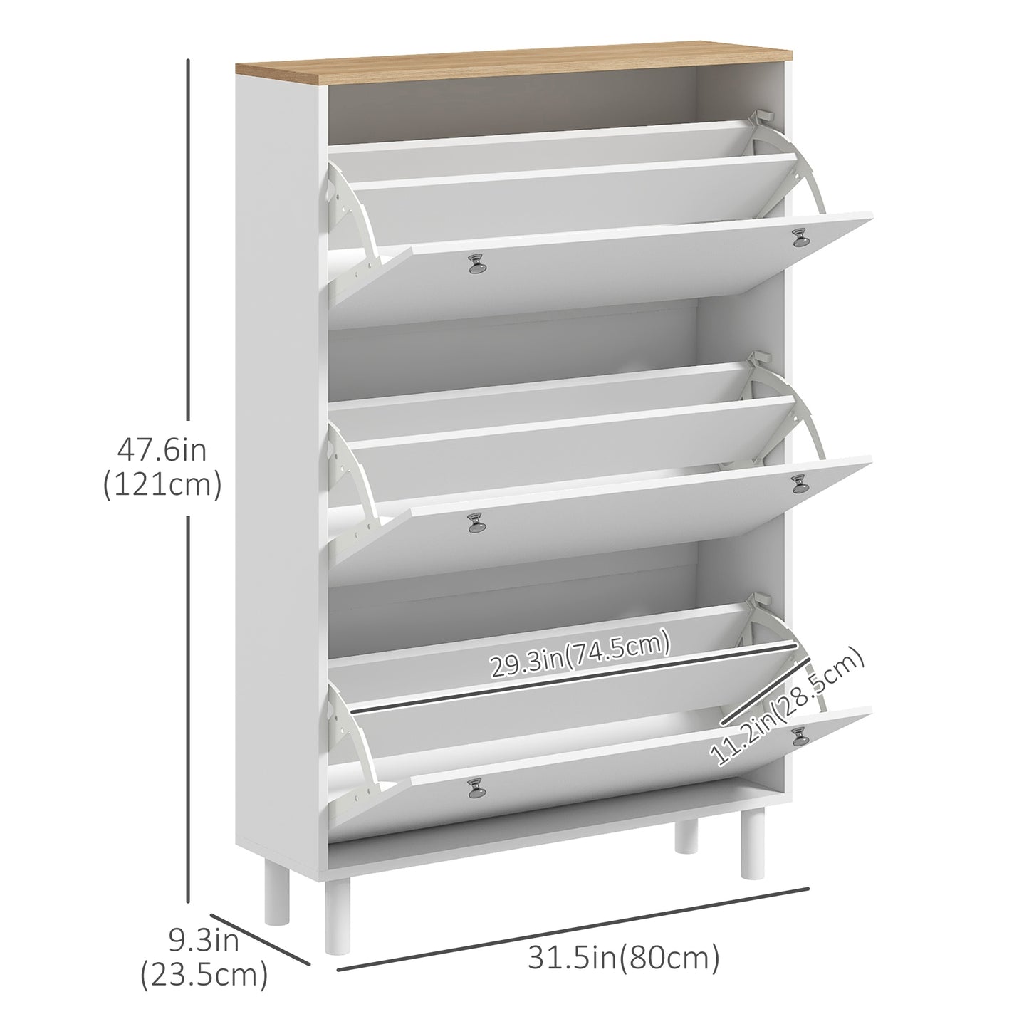 Narrow Shoe Storage Cabinet 3 Flip Drawers Adjustable Shelves Organizer for 24 Pairs White Kids Crystal