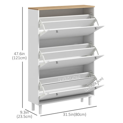 Narrow Shoe Storage Cabinet 3 Flip Drawers Adjustable Shelves Organizer for 24 Pairs White