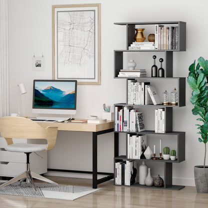 6-Tier S-Shape Wooden Bookcase: Storage Display Unit for Home Office Furniture, Black