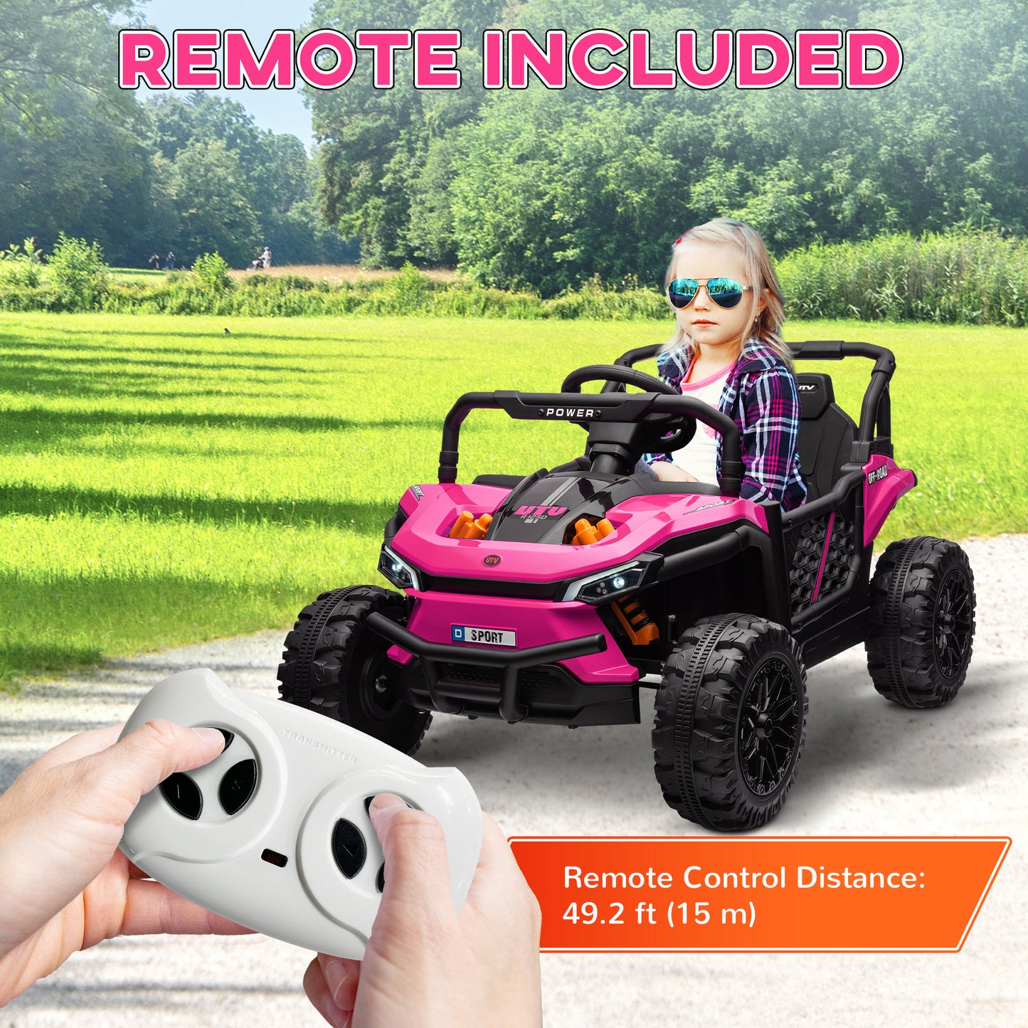 12V Kids Ride On Car, Toy Truck with Remote Control, Spring Suspension, LED Headlights, 3 Speeds, Pink Kids Crystal