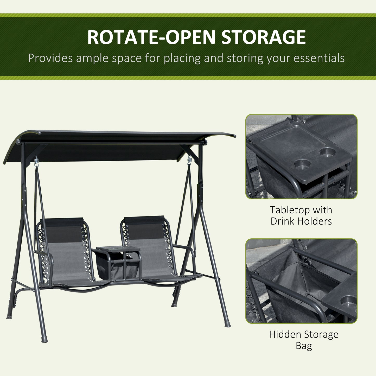 2 Person Covered Porch Swing Patio Swing with Pivot Storage Table, Cup Holder, & Adjustable Overhead Canopy, Black Kids Crystal