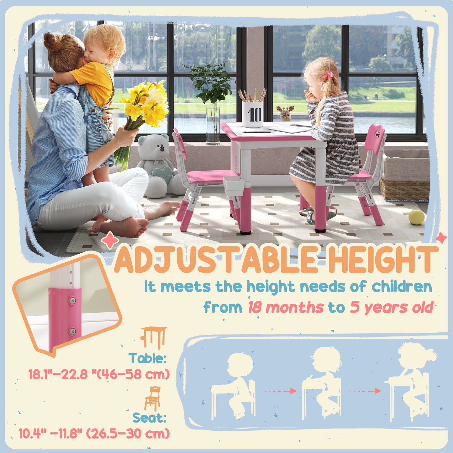 3 Piece Kids Table Chair Set Height Adjustable Storage Playroom Furniture Easy Clean Plastic Sturdy Construction Pink