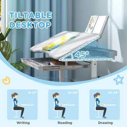 Height Adjustable Kids Desk and Chair Set with Tilt Desktop, Large Writing Board, Storage Drawer, Book Stand, Grey