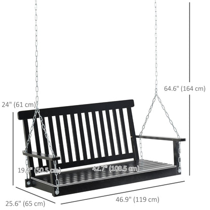 2-Seater Patio Swing Chair, Fir Wooden Porch Swing with Slatted Design, Hanging Chains for Outdoor, Garden, Black