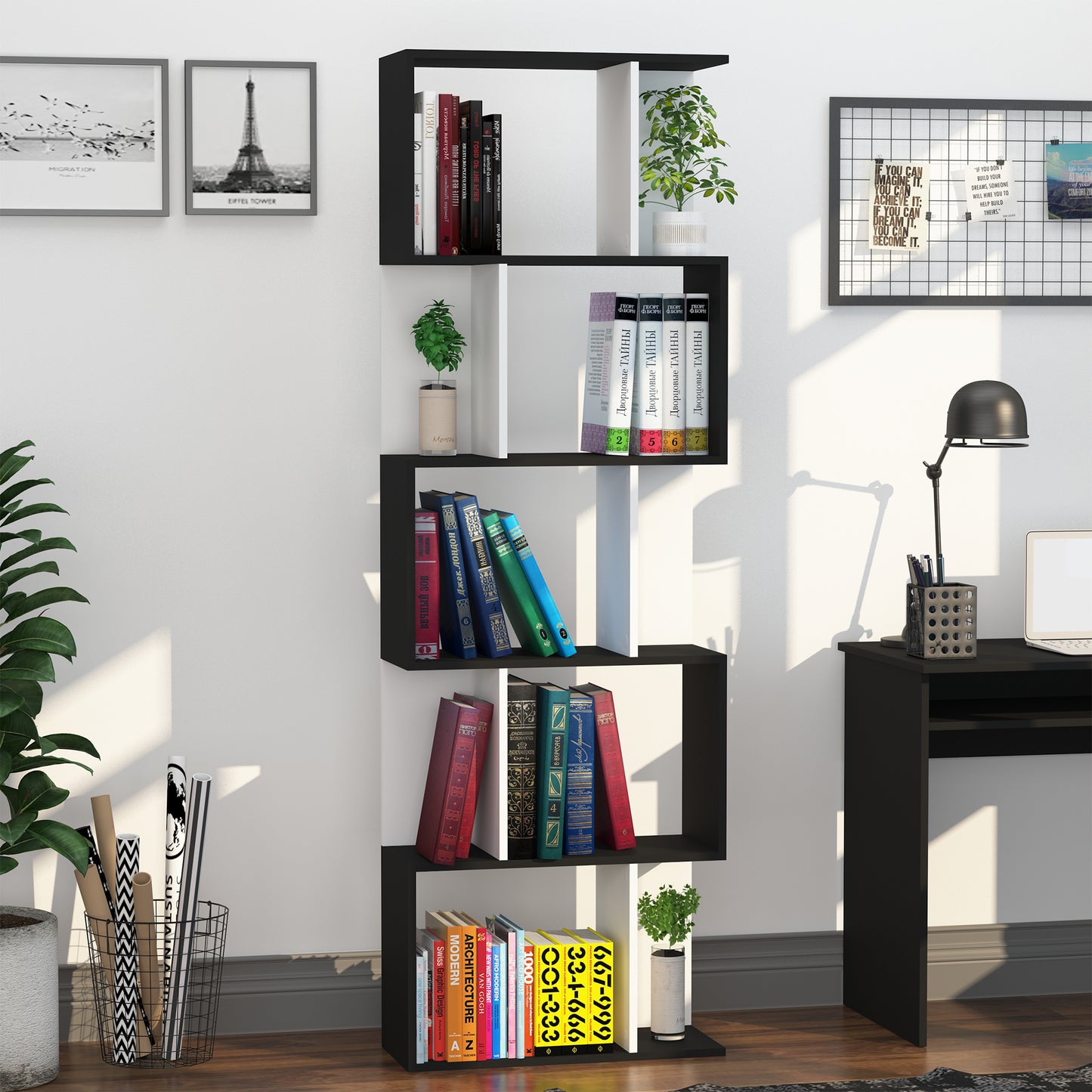 5-Tier Modern Bookcase Display Shelf Storage Room Divider for Living Room Home Office White Kids Crystal