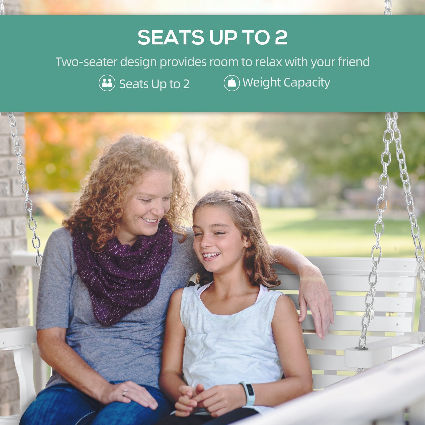 46" 2-Person Outdoor Porch Swing Bench with 2 Built-In Cup Holders &amp;amp; Chains Included, 550lb Weight Capacity, White Kids Crystal