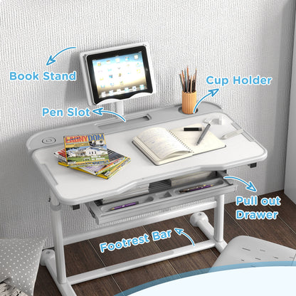 Height Adjustable Kids Desk and Chair Set with Tilt Desktop, Large Writing Board, Storage Drawer, Book Stand, Grey