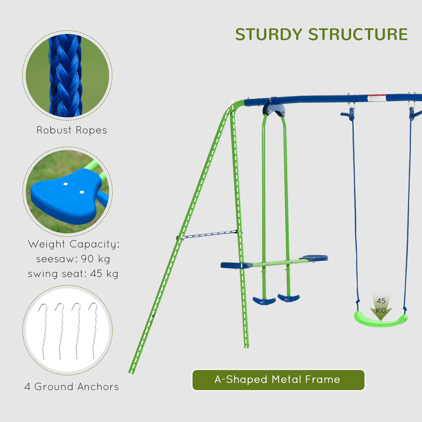 Swing Set for Kids with Glider, 2 Swing Seats, Heavy Duty A-Frame Metal Stand Outdoor Playground Playset, Green Kids Crystal