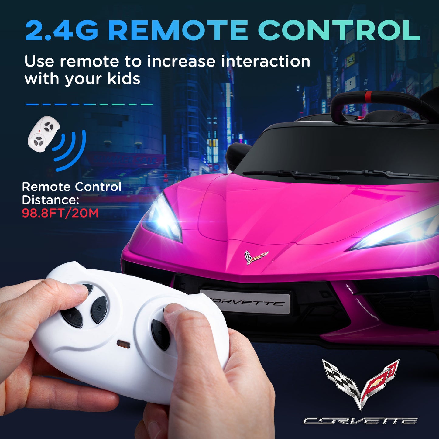 12V Kids Electric Car Corvette Licensed Remote Control Suspension System Music Headlight Slow Start Pink Ride On Kids Crystal
