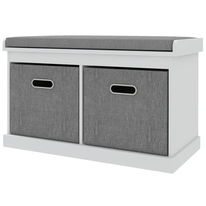 Shoe Storage Entryway Bench Seat with Cushion 2 Fabric Drawers for Hallway White