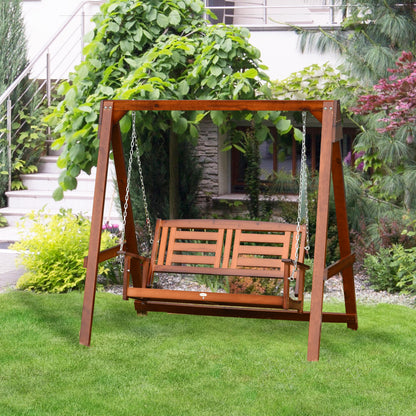 2 Seater Wooden Patio Swing with Stand Adjustable Chains for Garden Poolside Backyard