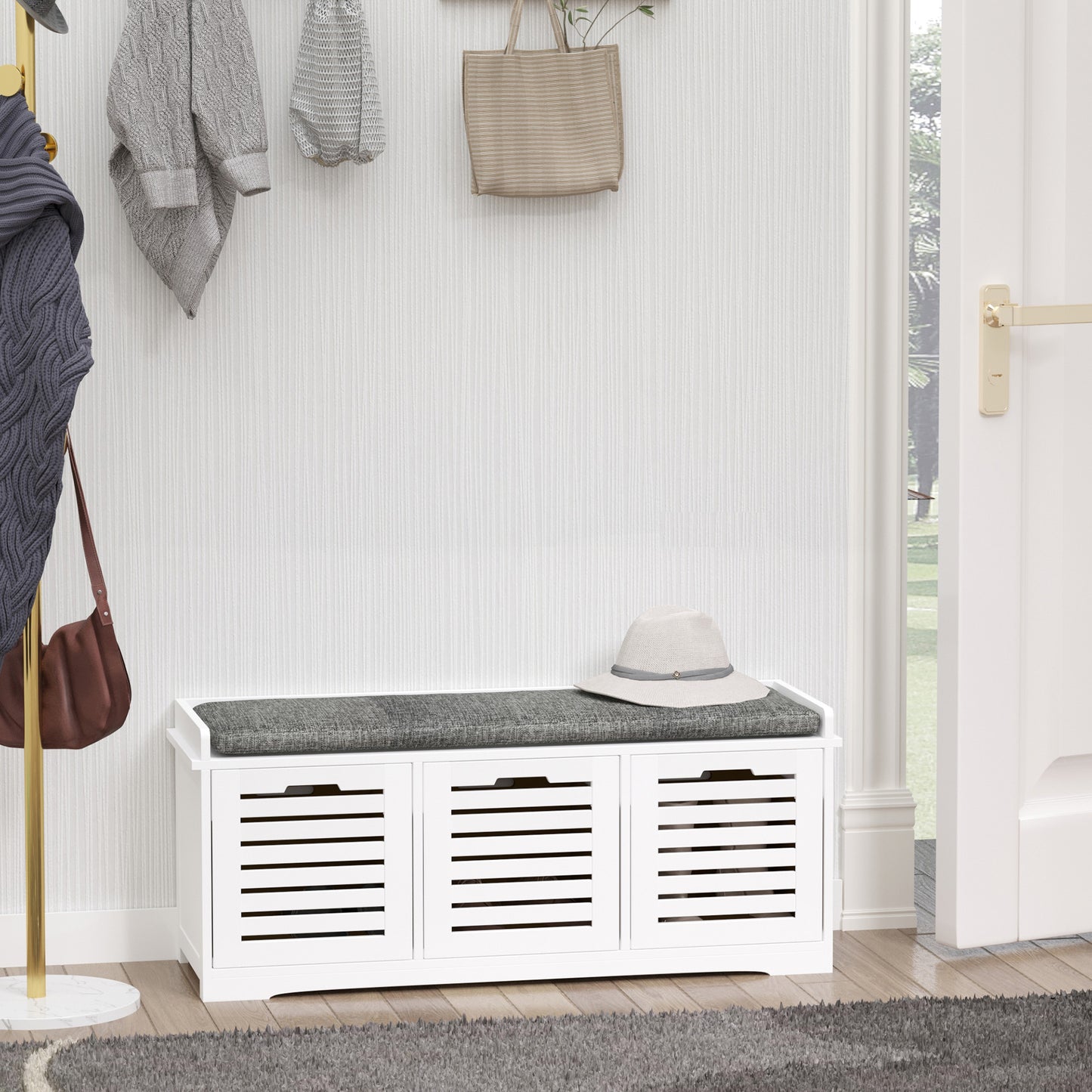 Upholstered Shoe Haven: Storage Bench with Padded Cushion, 3 Drawers, Ample Space for Living Room Kids Crystal