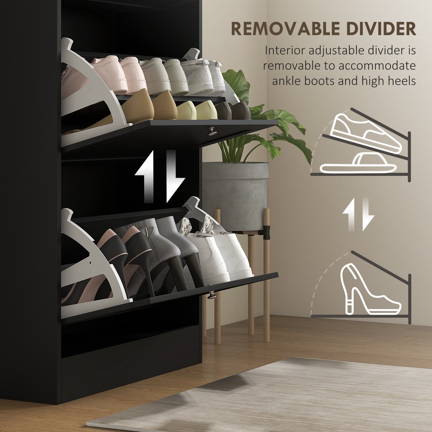 Modern Shoe Storage Cabinet with 3 Flip Drawers Adjustable Shelves for 18 Pairs Black Kids Crystal