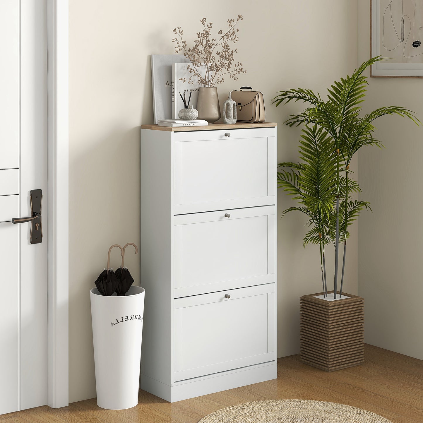 Modern Shoe Storage Cabinet 3 Flip Drawers Adjustable Shelves Organizer for 18 Pairs White Kids Crystal