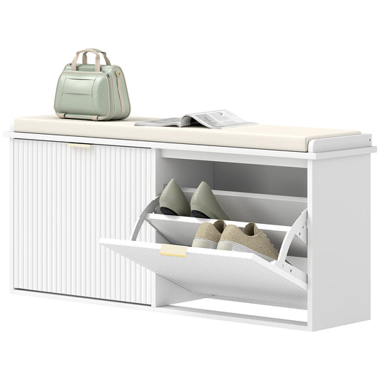 Entryway Bench with Padded Seat and Flip-Drawers, Holds up to 529lbs, Shoe Storage Bench for 10 Pairs of Shoes, White Kids Crystal