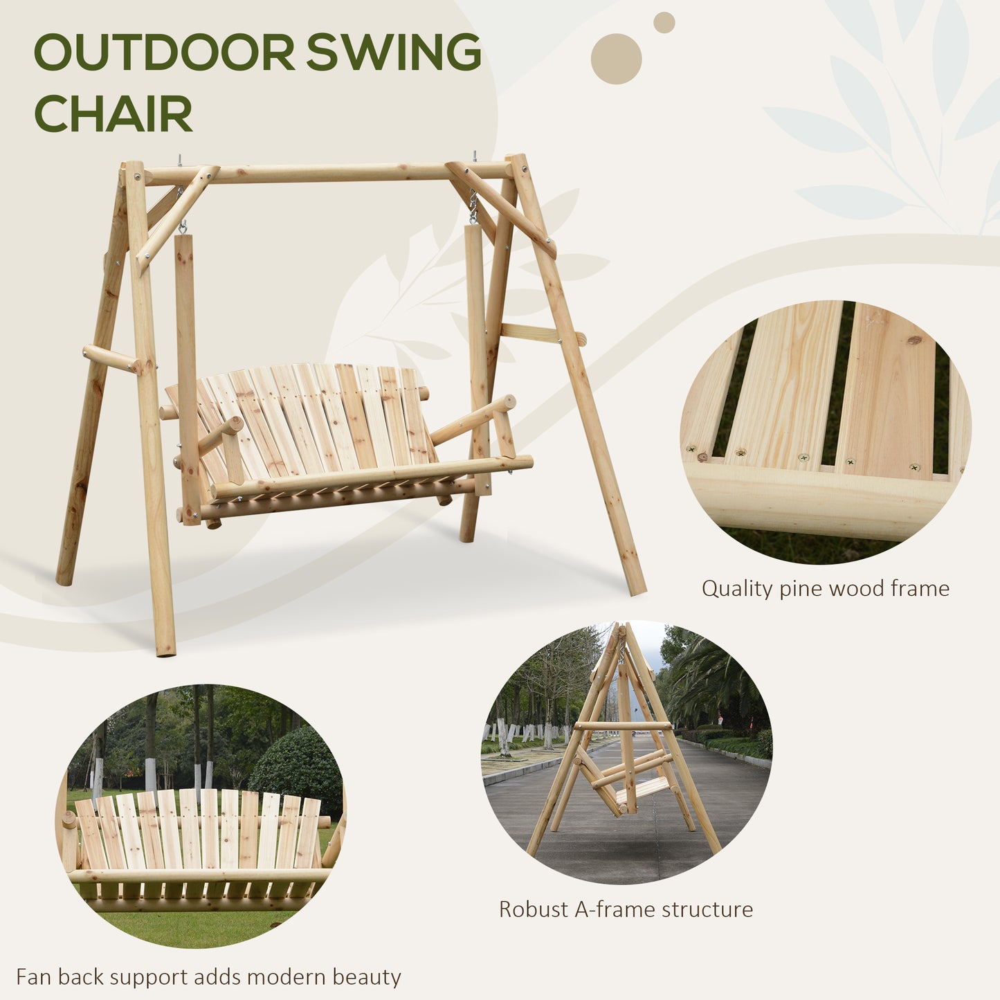 6.5ft Outdoor Loveseat, Wood Porch Swing for 2 Person, Freestanding Garden Swing, Comfortable Seating Kids Crystal