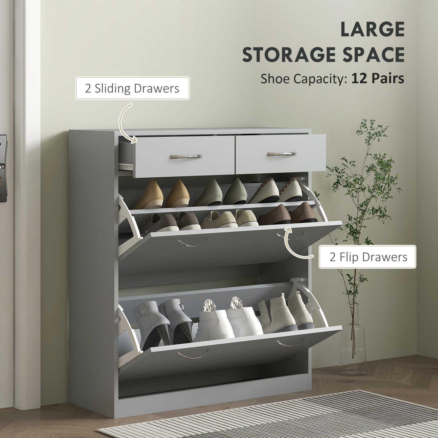 Narrow Shoe Storage with 2 Flip Drawers and Adjustable Shelves Shoe Organizer Cabinet for 12 Pairs of Shoes, Grey Kids Crystal