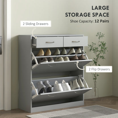 Narrow Shoe Storage with 2 Flip Drawers and Adjustable Shelves Shoe Organizer Cabinet for 12 Pairs of Shoes, Grey