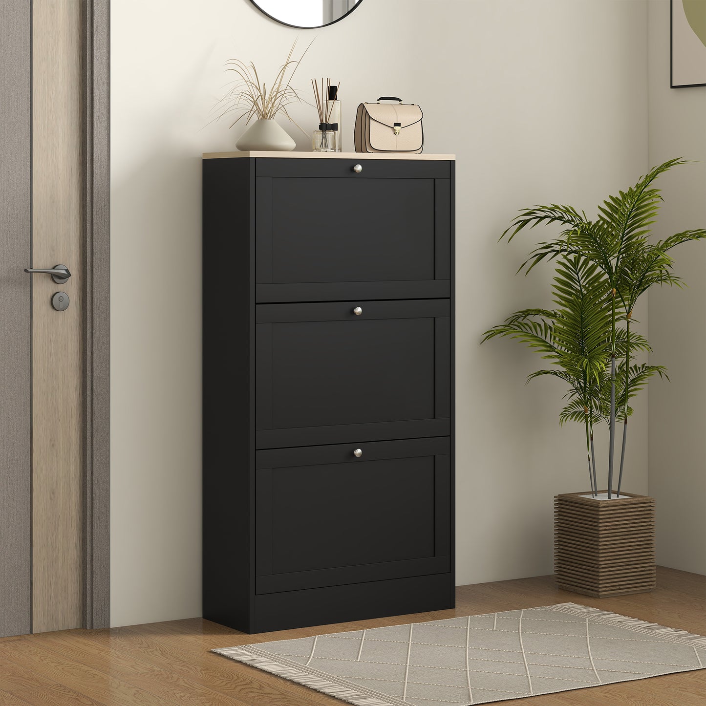 Modern Shoe Storage Cabinet with 3 Flip Drawers Adjustable Shelves for 18 Pairs Black Kids Crystal