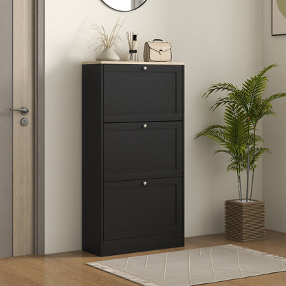 Modern Shoe Storage Cabinet with 3 Flip Drawers Adjustable Shelves for 18 Pairs Black