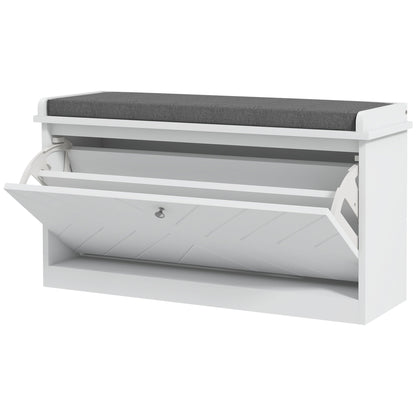 Entryway Shoe Bench with Storage Flip Drawer Adjustable Shelf for 8 Pairs Cushioned Hallway Bench White
