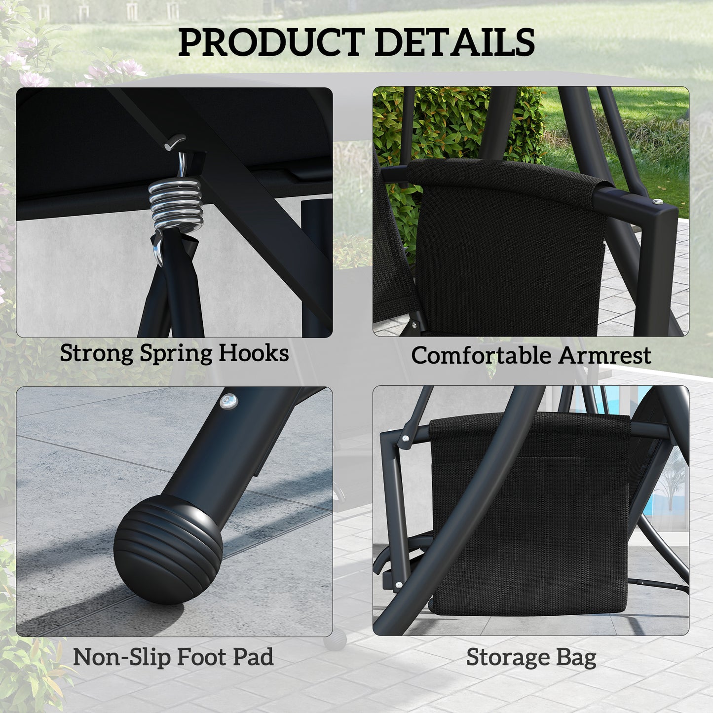 3 Person Outdoor Porch Swing Chair with Adjustable Canopy, Black Kids Crystal