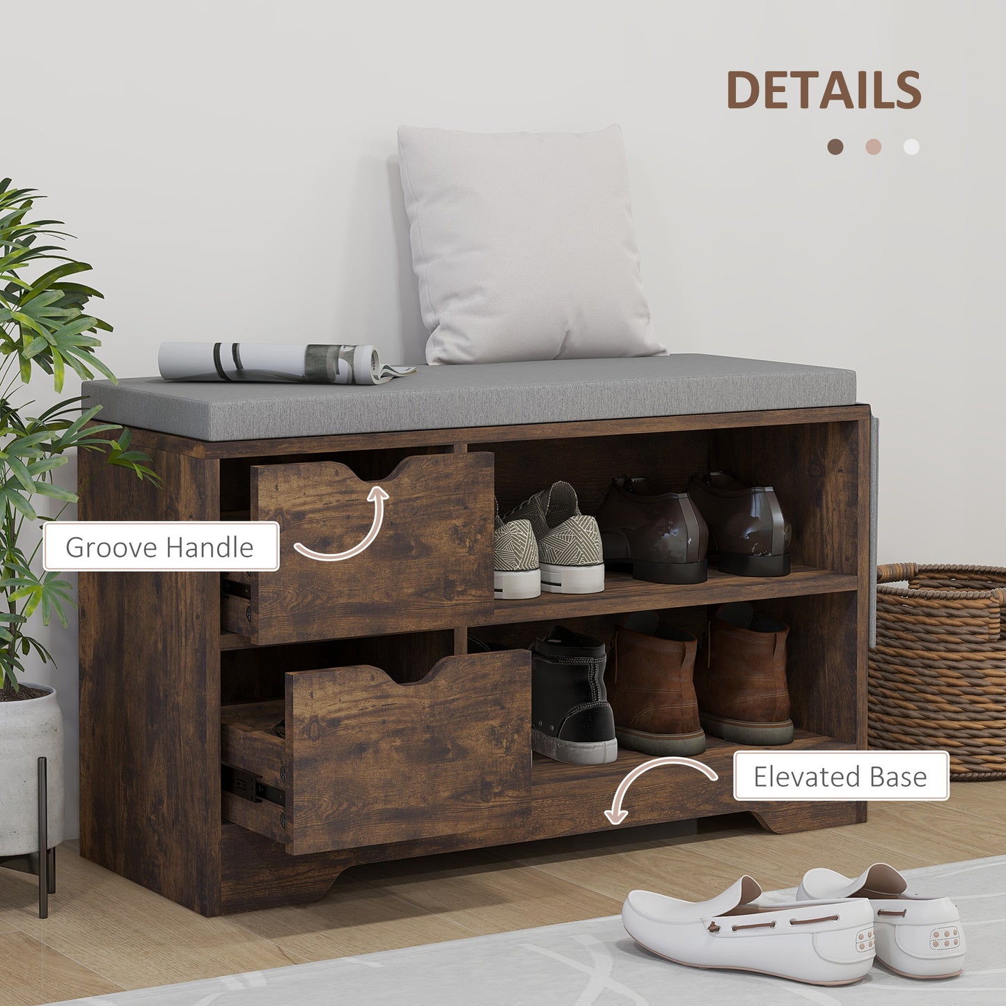 Upholstered Shoe Storage Bench w/ Seat, Entrance Bench w/ Drawer Open Shelves and Pocket for Hallway, Rustic Brown Kids Crystal