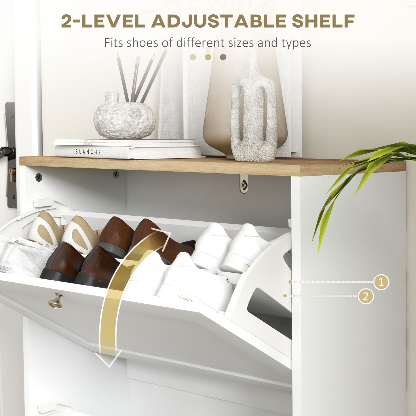 Slim Shoe Storage Cabinet, Modern Shoe Cabinet with 2 Flip Drawers and Adjustable Shelves for 12 Pairs, White Kids Crystal