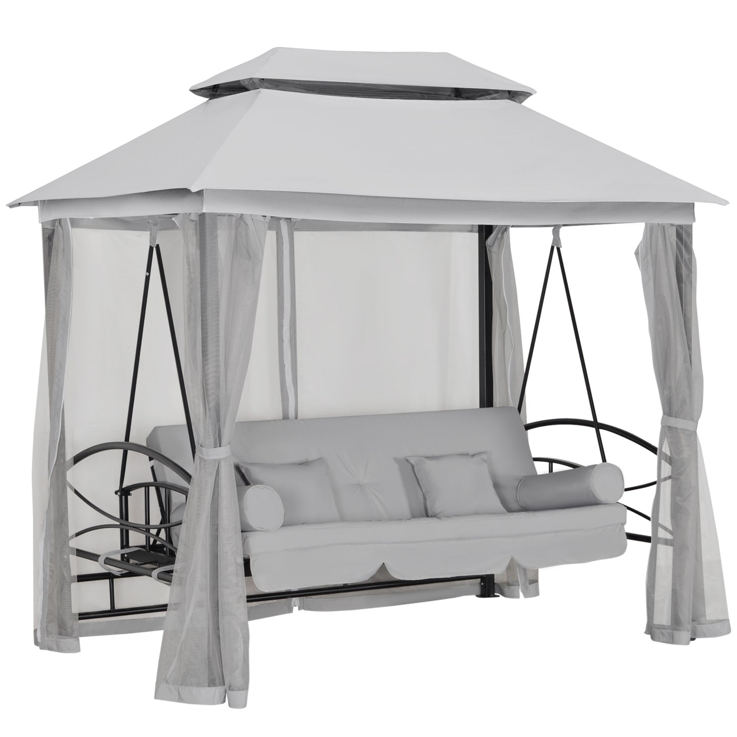 3 Person Outdoor Patio Daybed, 3 in 1 Canopy Gazebo Swing Chair Garden Hammock with Mesh Mosquito and Sun Shade, Grey Kids Crystal
