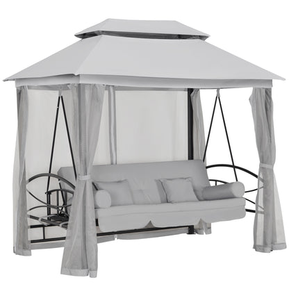 3 Person Outdoor Patio Daybed, 3 in 1 Canopy Gazebo Swing Chair Garden Hammock with Mesh Mosquito and Sun Shade, Grey
