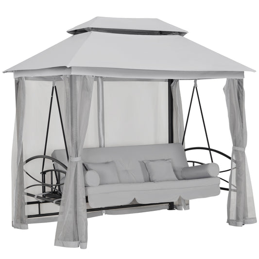 3 Person Outdoor Patio Daybed, 3 in 1 Canopy Gazebo Swing Chair Garden Hammock with Mesh Mosquito and Sun Shade, Grey