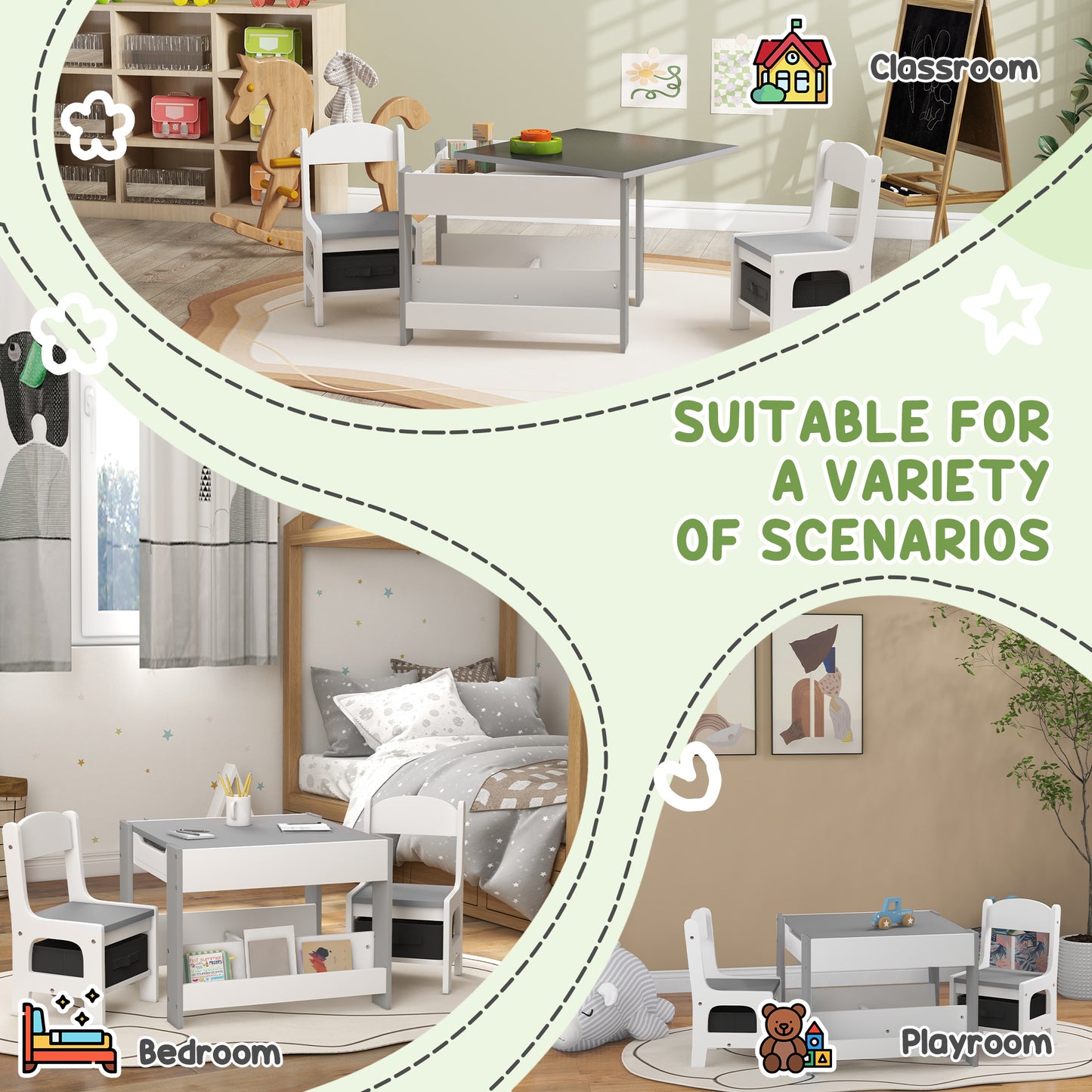 3-Piece Kids Playroom Set with Reversible Tabletop, Blackboard, Storage & Bookshelf in Grey