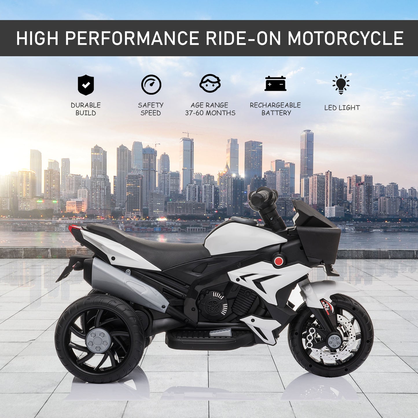 Kids Electric Pedal Motorcycle Ride-On Toy 6V Battery Powered with Music Horn Headlights for Boys and Girls White Kids Crystal