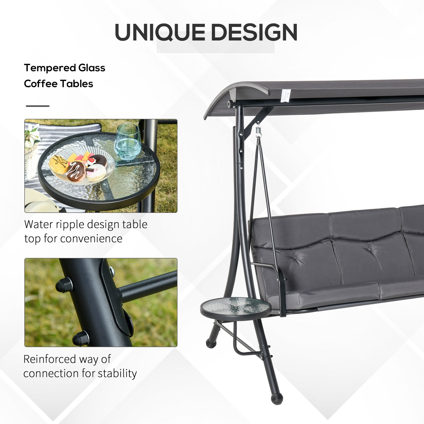 3 Seat Outdoor Swing Chair Steel Swing Bench Porch Swing With Adjustable Canopy & Coffee Tables &amp;amp; Cushion for Patio Garden Kids Crystal