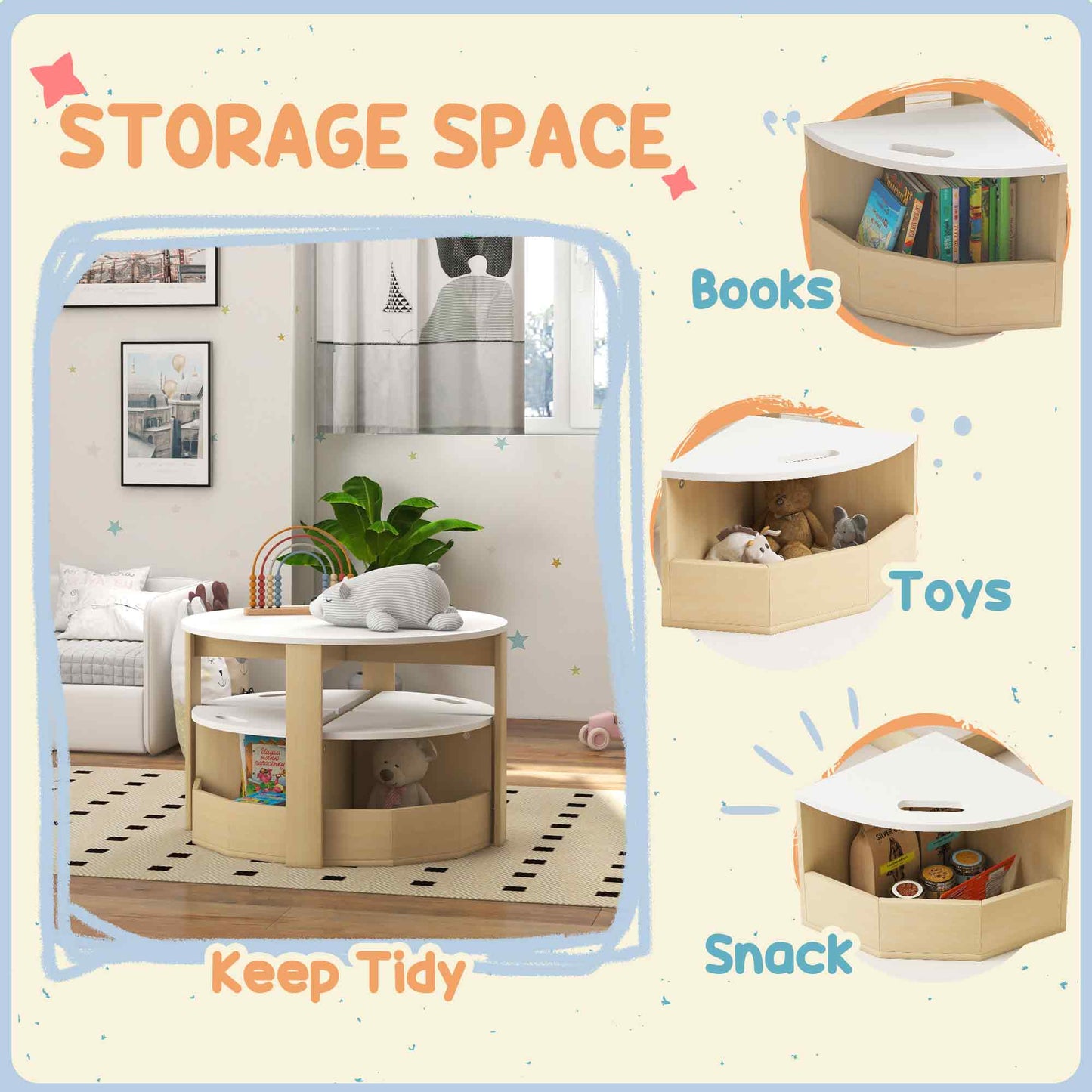 5 Piece Kids Table and Chair Set with Storage for Kids Room, White