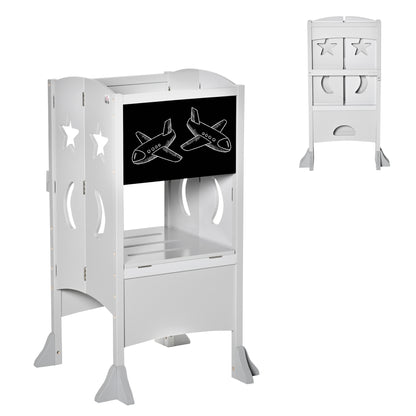Foldable Kids Kitchen Helper Stool with Blackboard & Lockable Handrail for Ages 3-6 in Grey