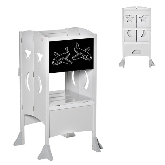 Foldable Kids Kitchen Helper Stool with Blackboard & Lockable Handrail for Ages 3-6 in Grey