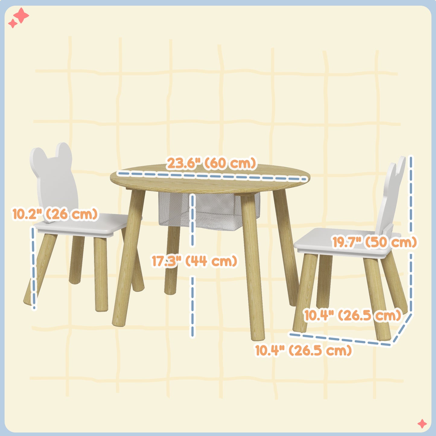 3 Pieces Kids Table and Chair Set, Activity Table and Chair Set with Bear-Shaped Chairs, Mesh Bag Kids Crystal