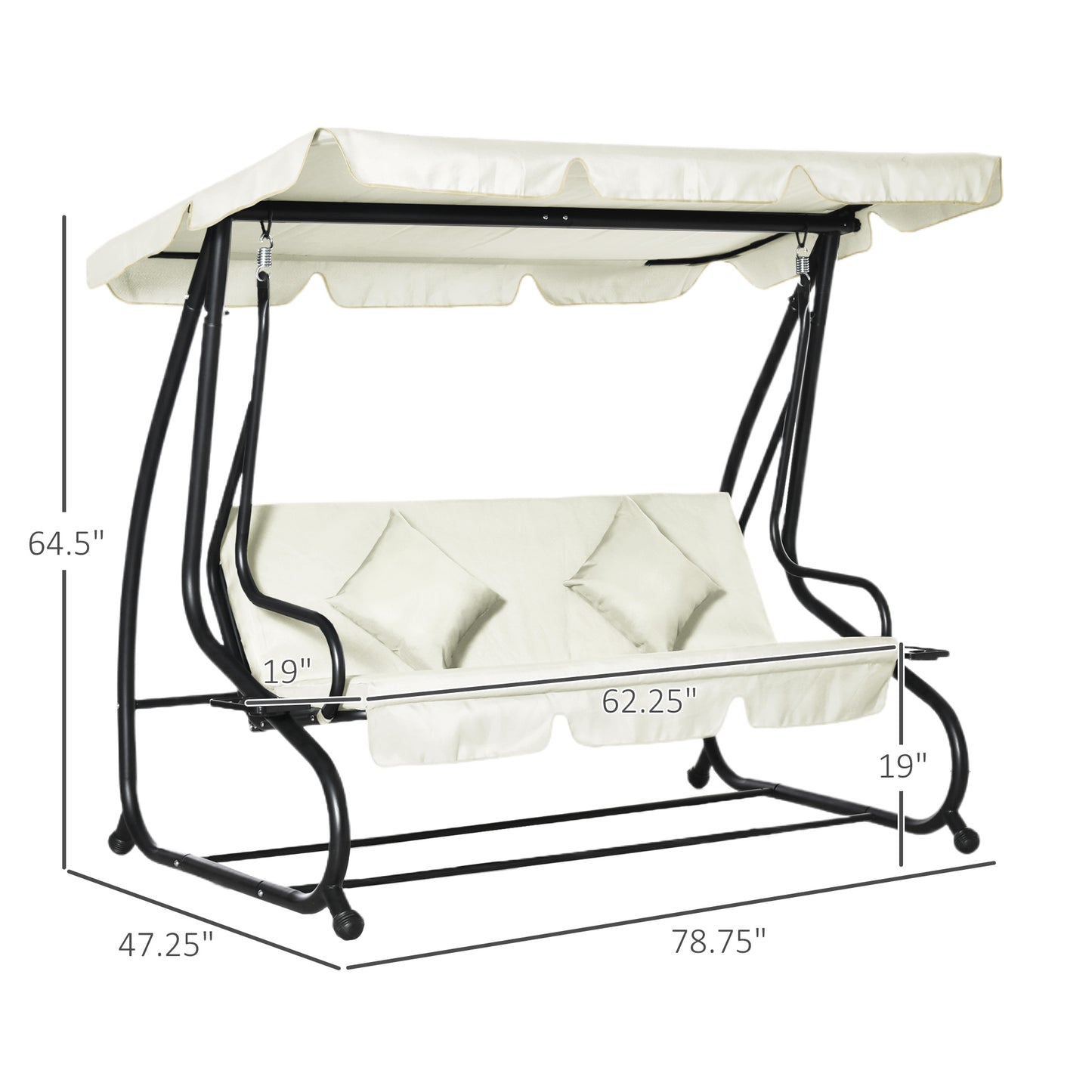 3 Seater Patio Swing Chair Convertible Cushioned Bed Outdoor Porch Backyard with Canopy and Pillow Cream White Kids Crystal