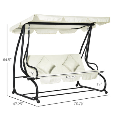 3 Seater Patio Swing Chair Convertible Cushioned Bed Outdoor Porch Backyard with Canopy and Pillow Cream White