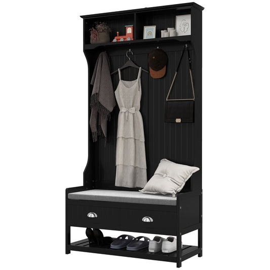 Coat Rack Shoe Bench, Hall Tree with Bench and Shoe Storage, Entryway Bench with 4 Hooks, 2 Drawers, 2 Shelves, Black