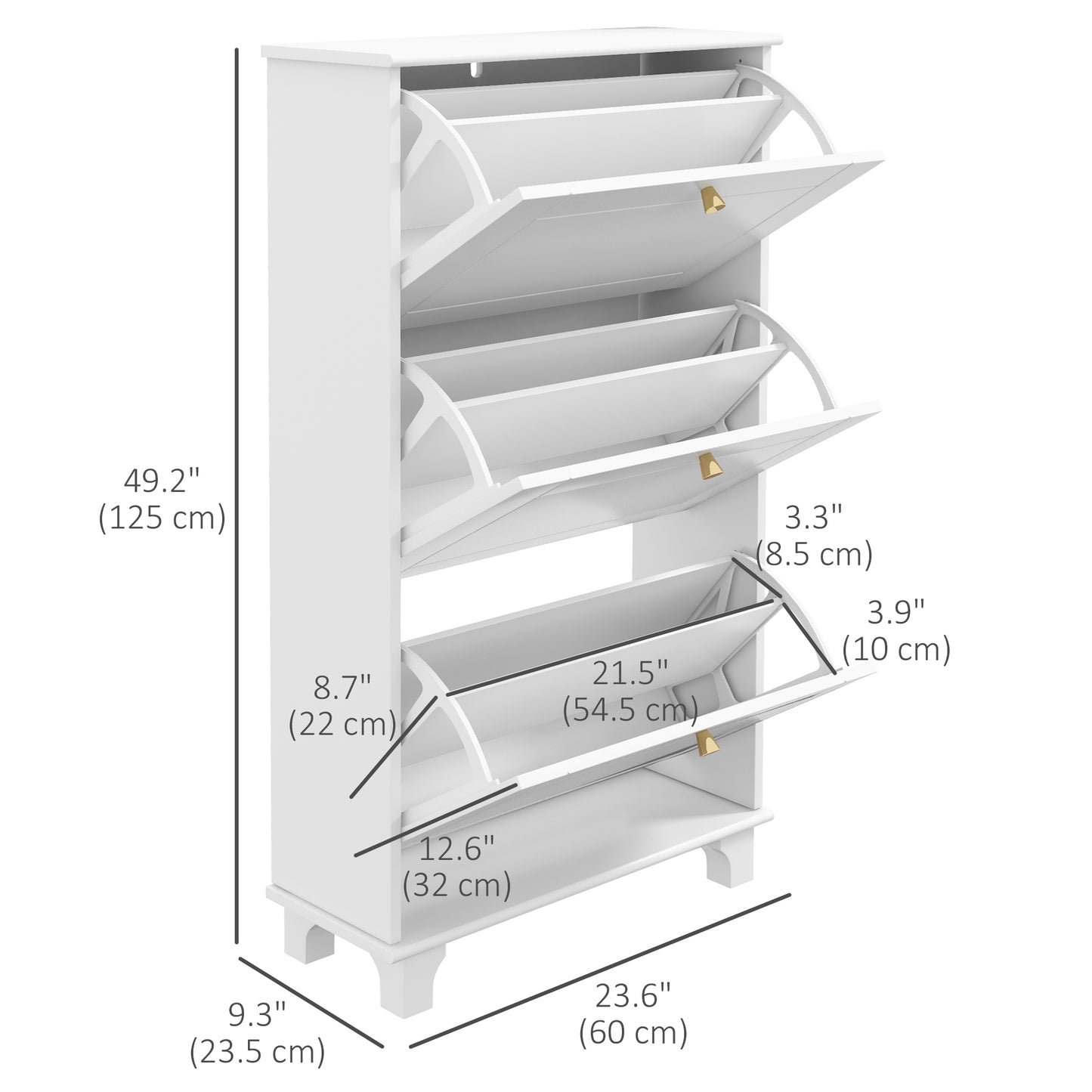 Narrow Shoe Cabinet: 3 Flip Drawers, Adjustable Shelves for 12 Pairs, White Small Space Organizer Kids Crystal