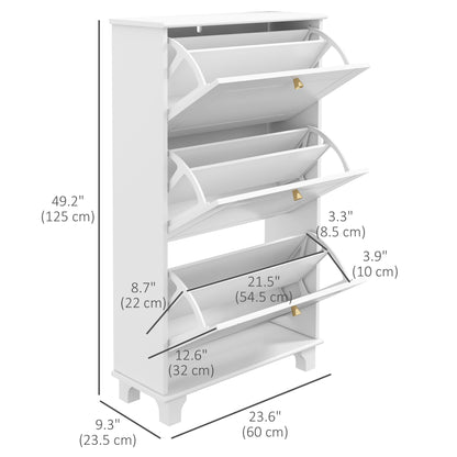 Narrow Shoe Cabinet: 3 Flip Drawers, Adjustable Shelves for 12 Pairs, White Small Space Organizer