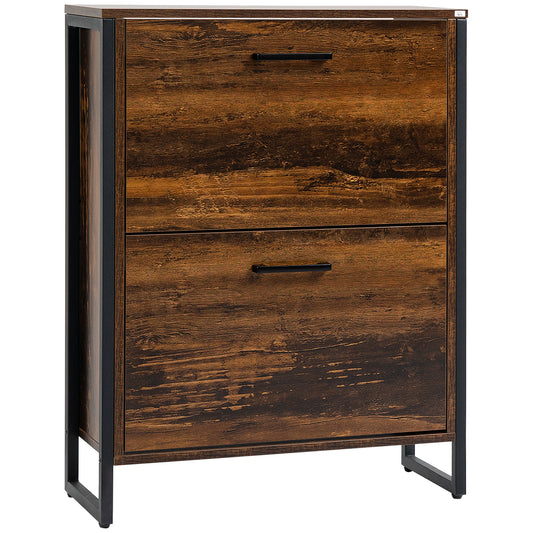 Space-Saving Slim Shoe Cabinet with 2 Flip Doors and 2-Drawer for 12 Pairs, Brown Finish Kids Crystal