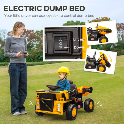 12V Kids Ride On Dump Truck Construction Vehicle w/ Electric Dump Bed, Shovel, Spring Suspension Wheels