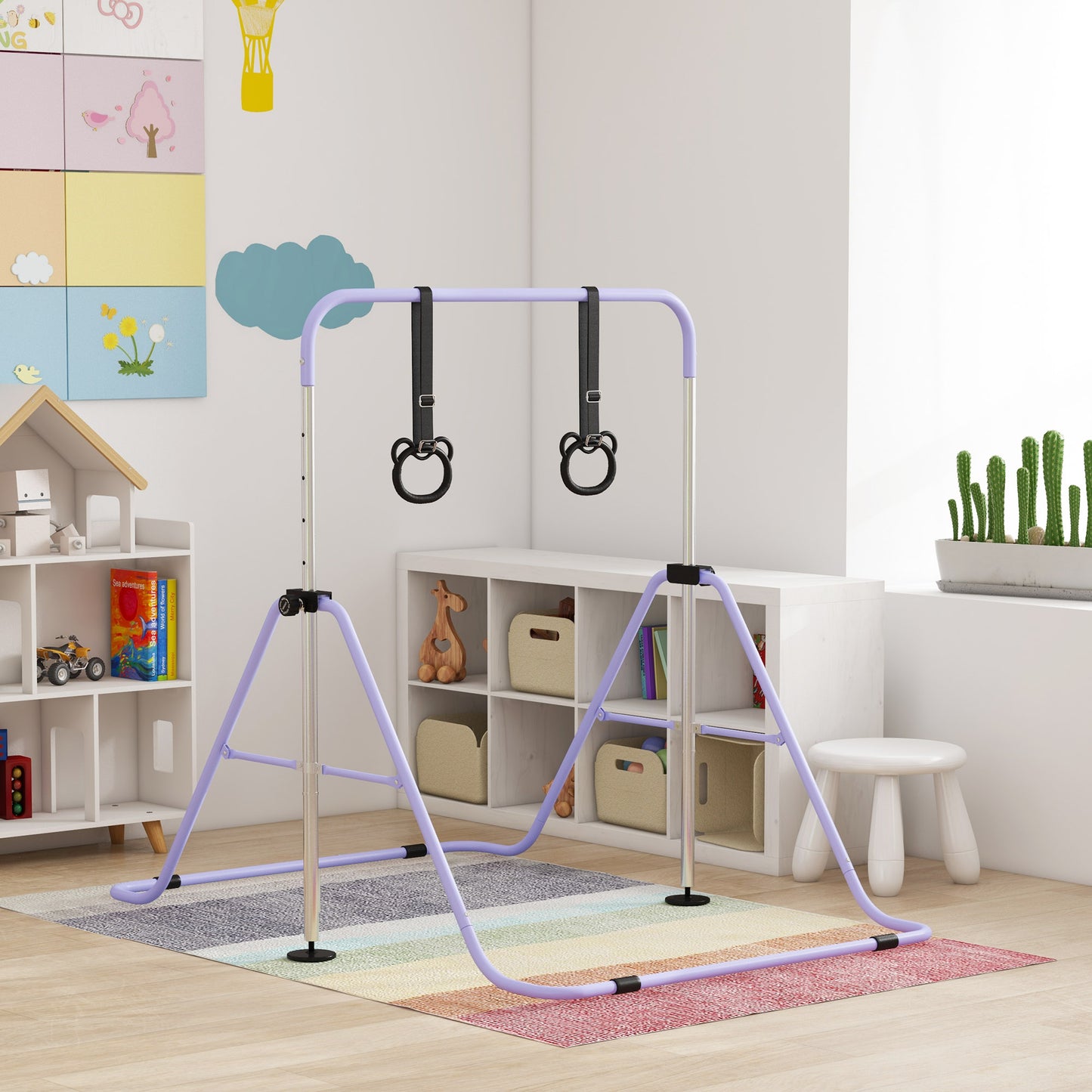 Kids Gymnastics Bar, Adjustable Height Folding Horizontal Bar with Gymnastics Rings, Non-slip Rubber Floor Rings, Purple Kids Crystal